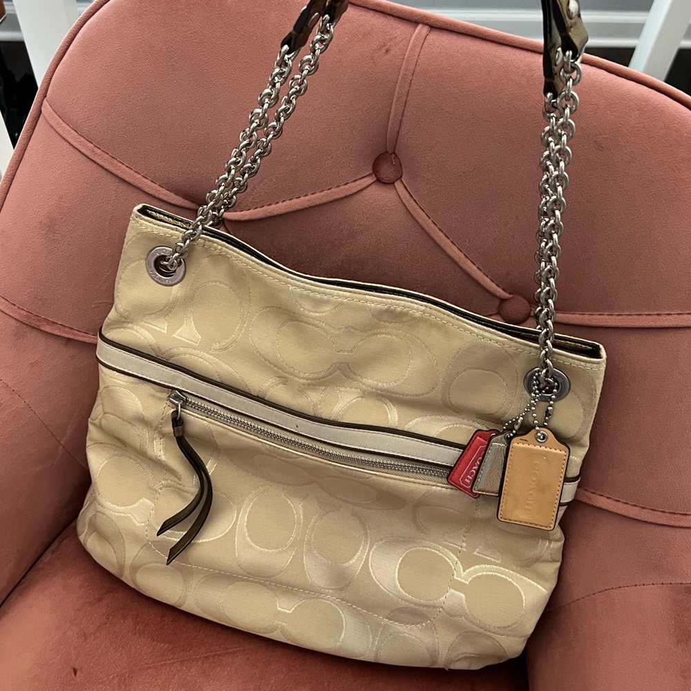 Tan Coach Allover Logo Shoulder Bag